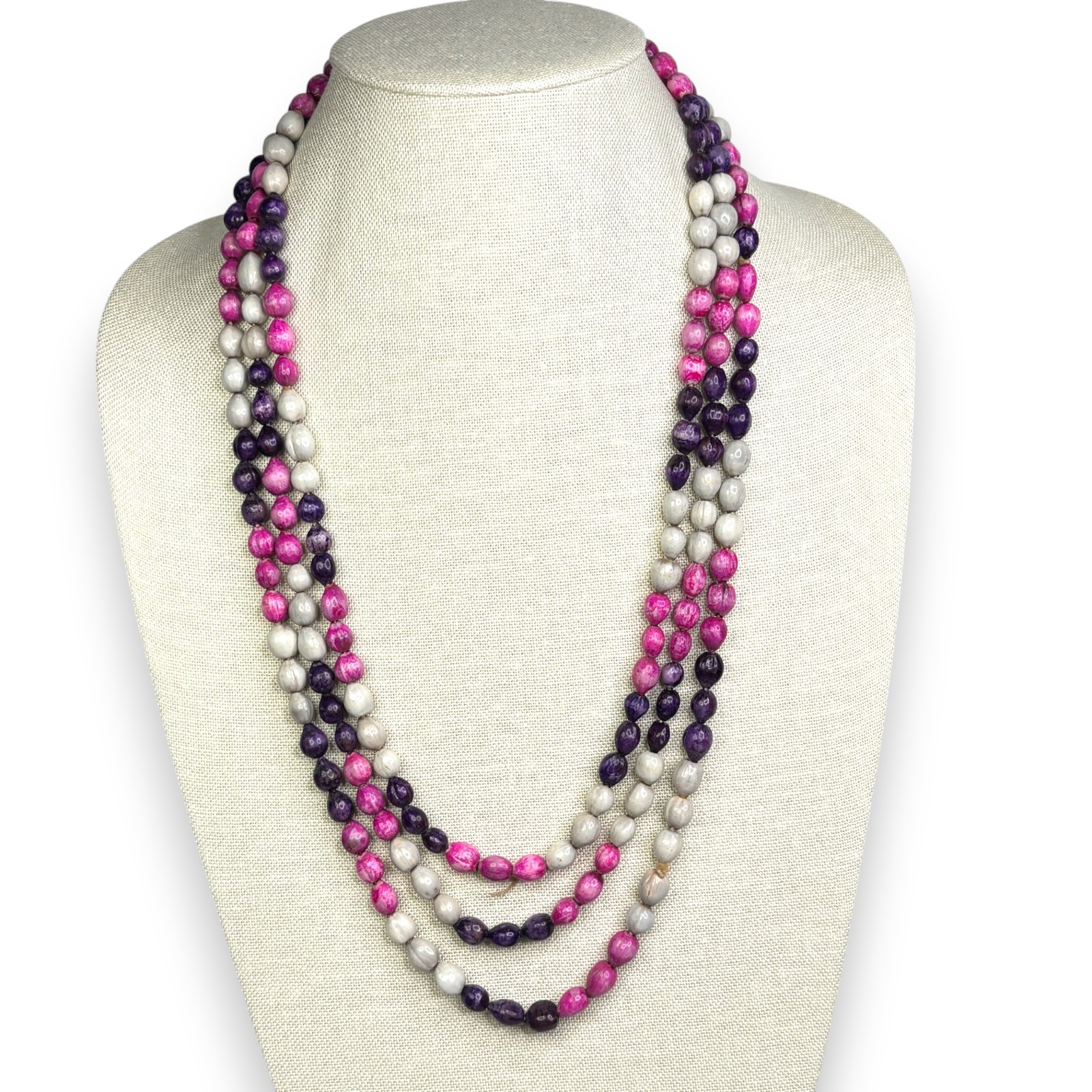 c1990s Job’s Tears Boho Seed Bead Necklace 80″ Long Strand Dyed Pink Purple Gray
