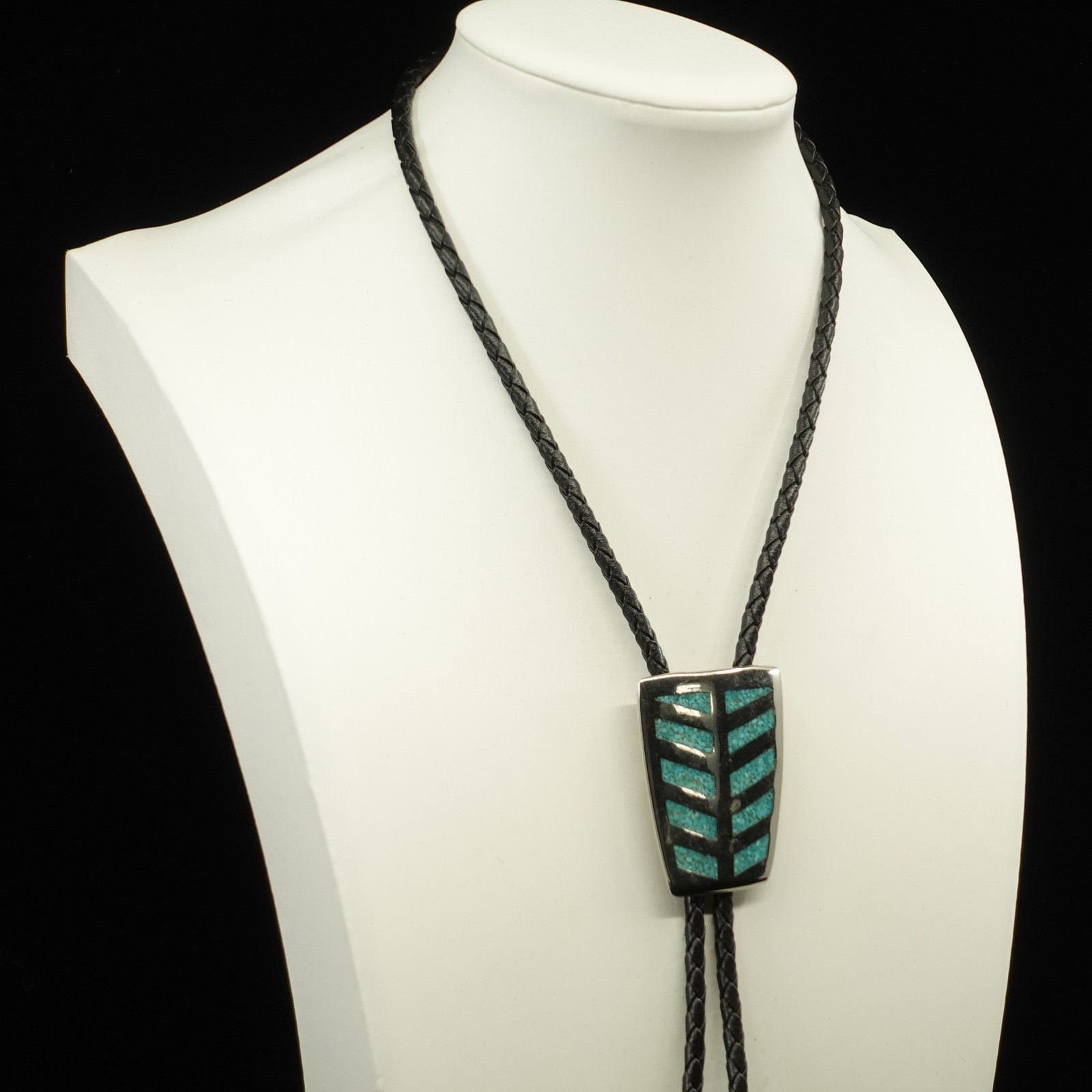Bolo Tie | 70s Sterling Silver Chip Turquoise Mosaic Chevron Shield