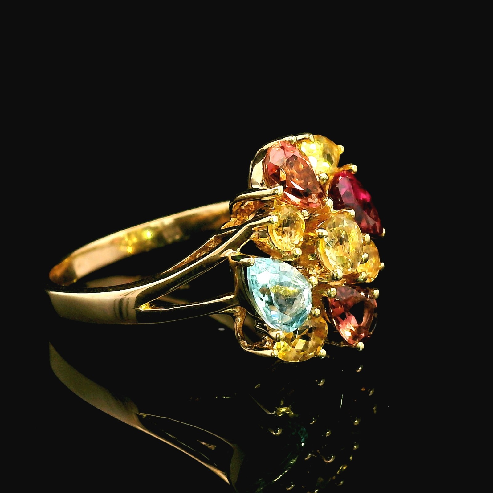 9ct Yellow Gold Ring Amethyst Topaz Garnet Sapphire Multi Gemstone 3.8g Stamped