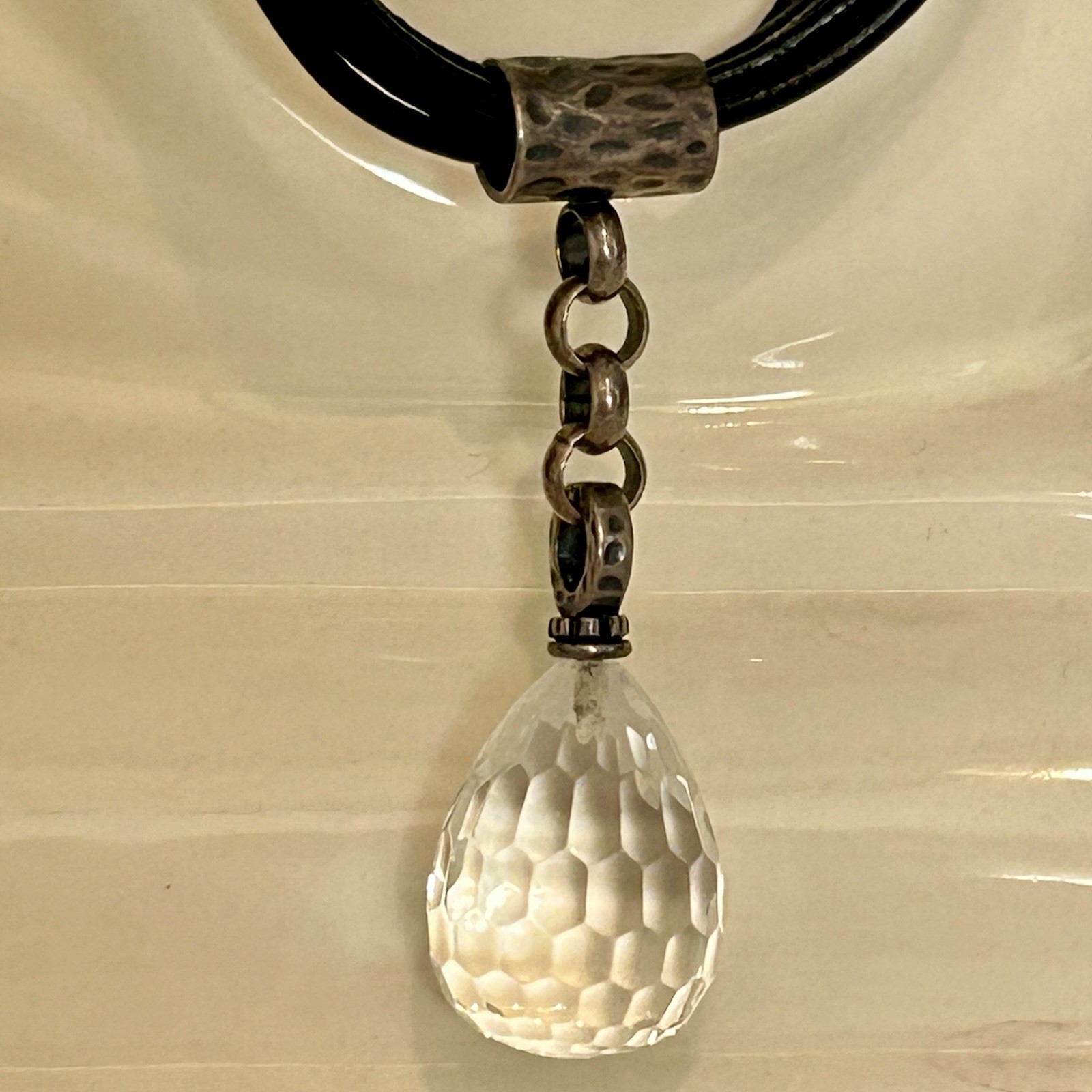 Silpada Multi-Strand Black Leather Cord Necklace with Faceted Crystal Drop 925