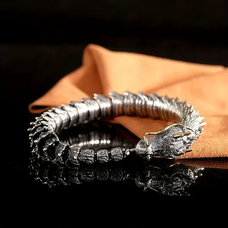 Men Vintage Dragon Viking Stainless Steel Scale Chain Wrist Cuff Bangle Bracelet