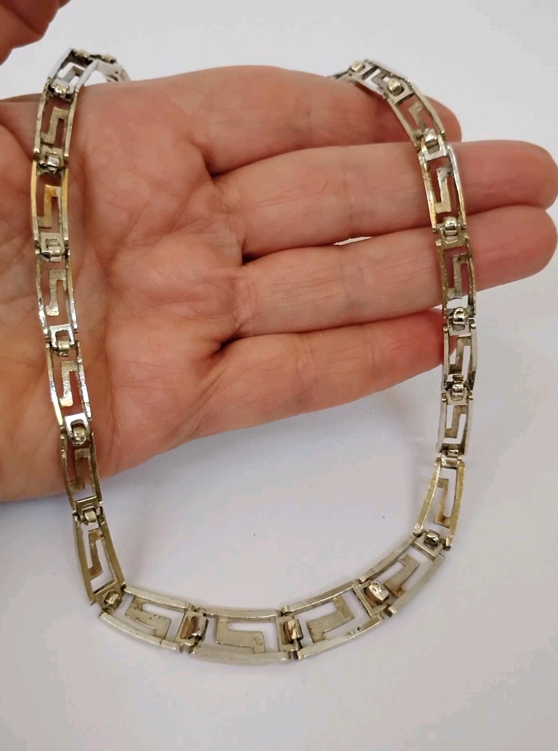 Sterling Silver Greek Key Necklace Graduated Openwork Links 17.5″ 36.9g