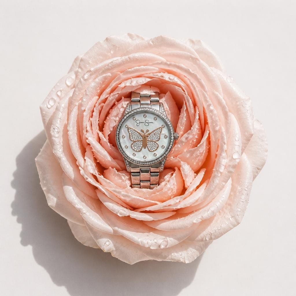 Jessica Simpson Silver-Tone Crystal Butterfly Watch with Mother of Pearl Dial