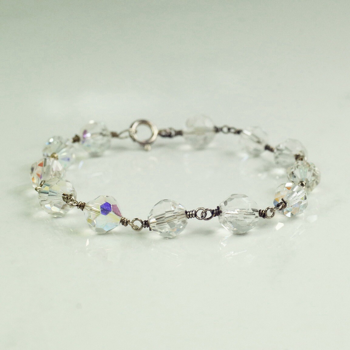 Sterling Silver Twisted Wire Clear Glass Crystal Bead Bracelet 7.36”
