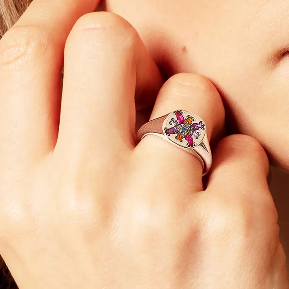 Signet Multicolor Gemstone Floral Blossom Ring size 7 or 8 or 9