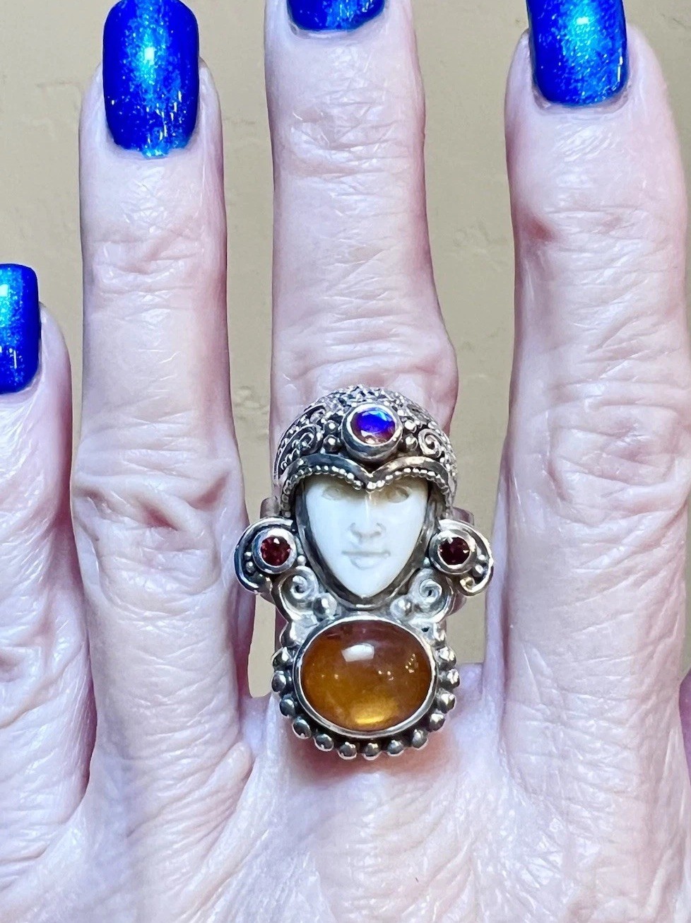 BEAUTIFUL ORNATE Sajen Sterling Silver Citrine, Garnet, Etc. Carved Goddess Ring