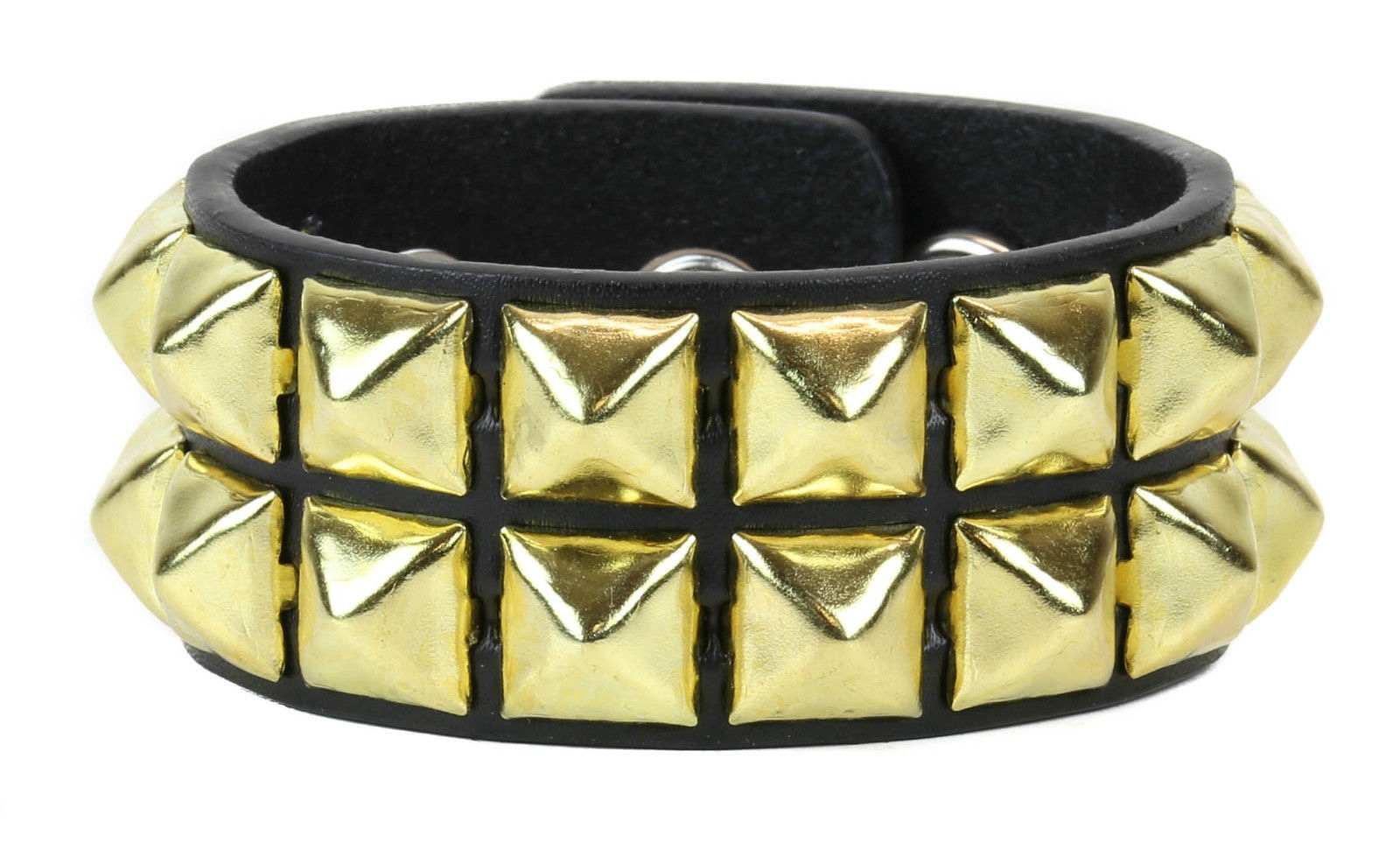 2 Row Gold Pyramid Stud Leather Bracelet Punk Goth Rockabilly Heavy Metal Bikers