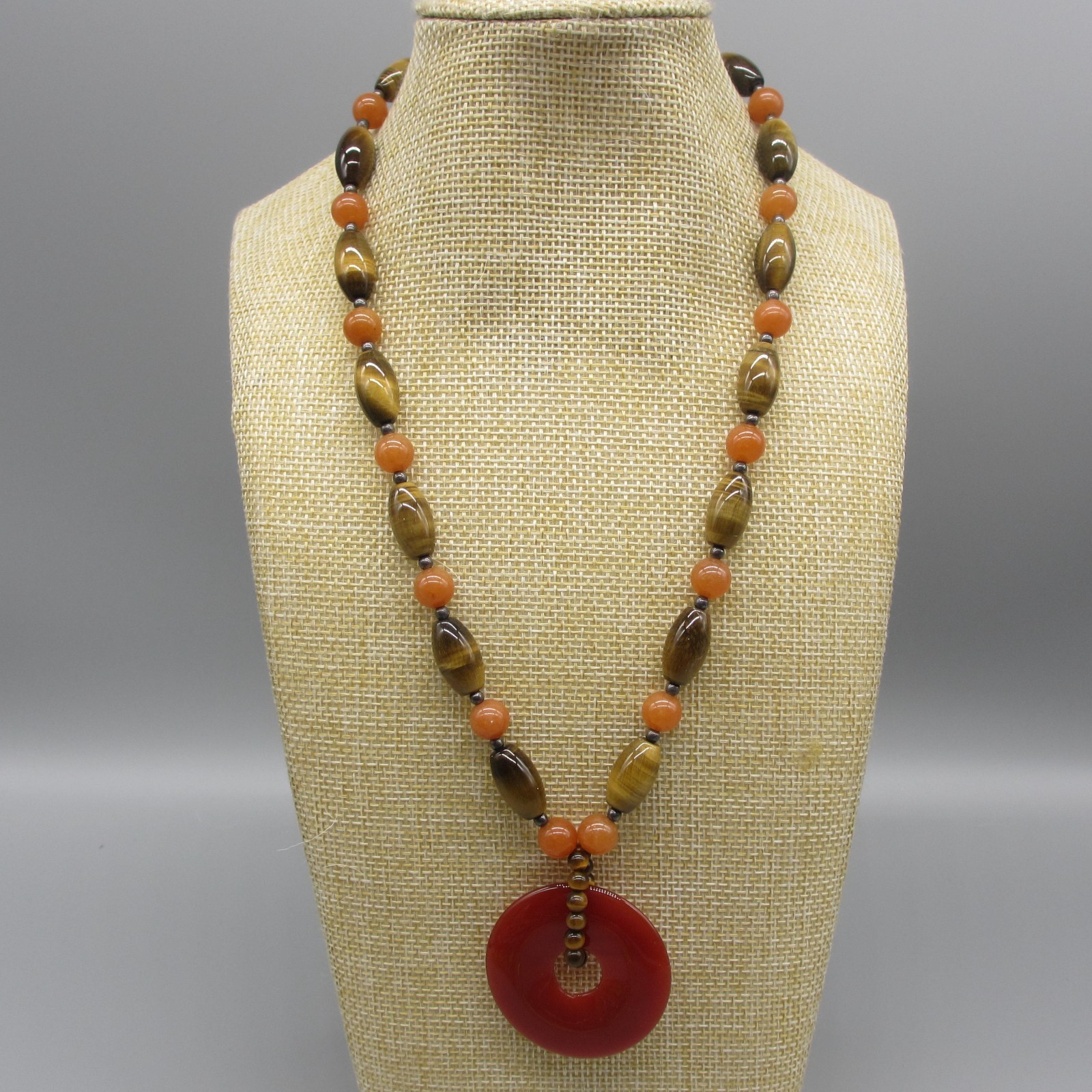 Vintage Boho Necklace Beaded Orange Brown Stone Disk Pendant 20 Inch
