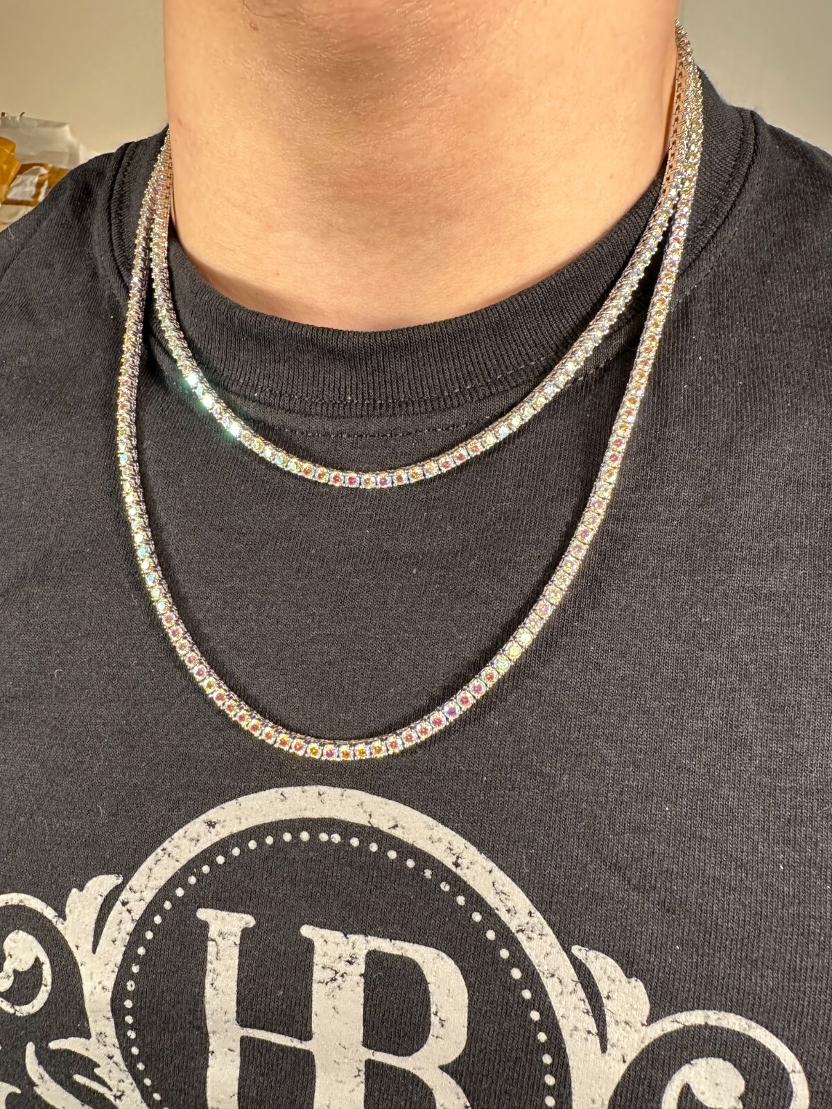 Real Opal Rainbow MOISSANITE 3mm Tennis Chain 925 Silver Iced Necklace Pass Test