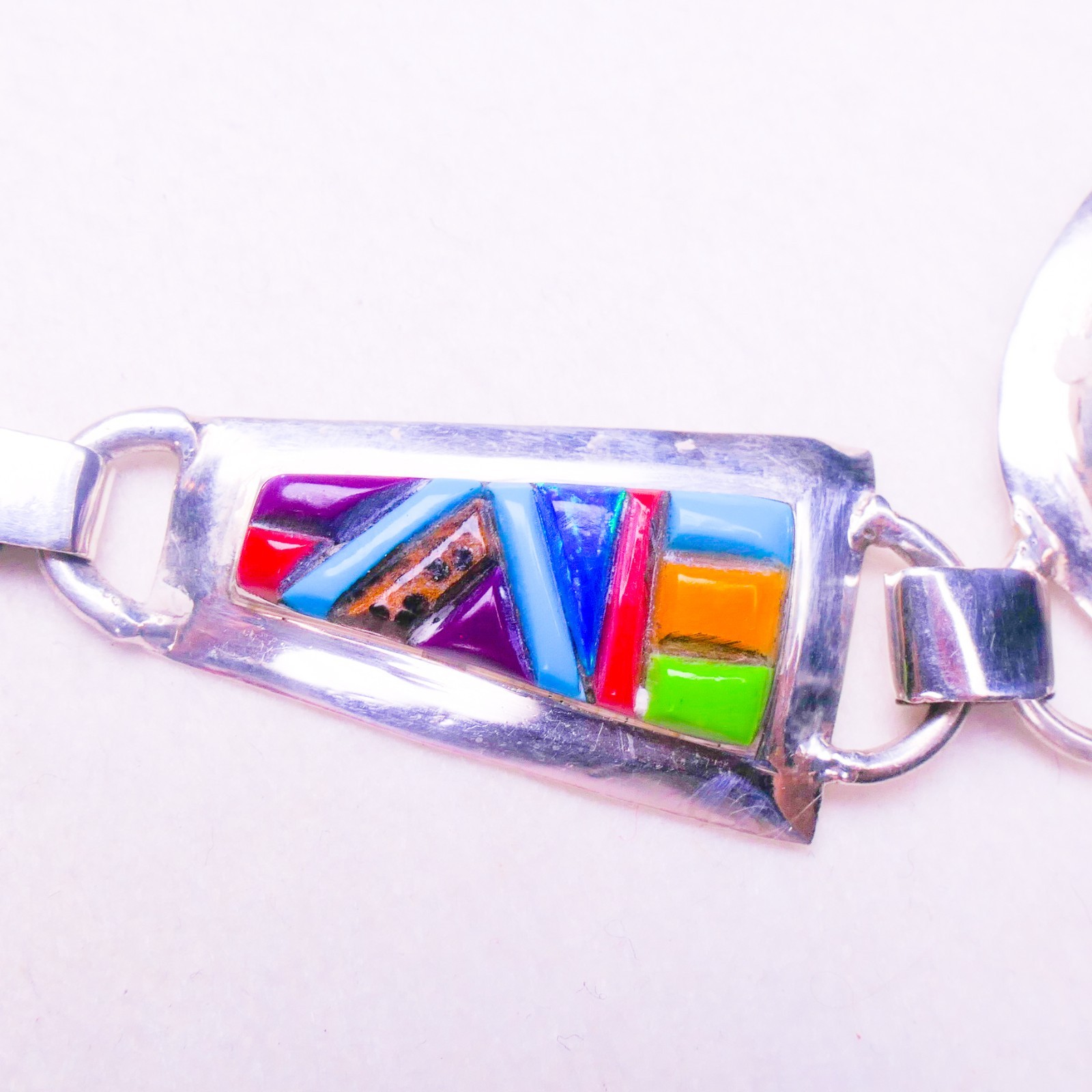 Native Sterling Silver Multi-Gemstone Inlay Cobblestone Toggle Bracelet 17.55g