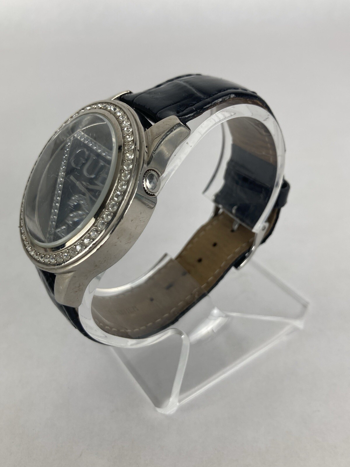 Guess 42mm Silver Semi-Transparent Case Quartz Watch w/Leather Band &New Battery