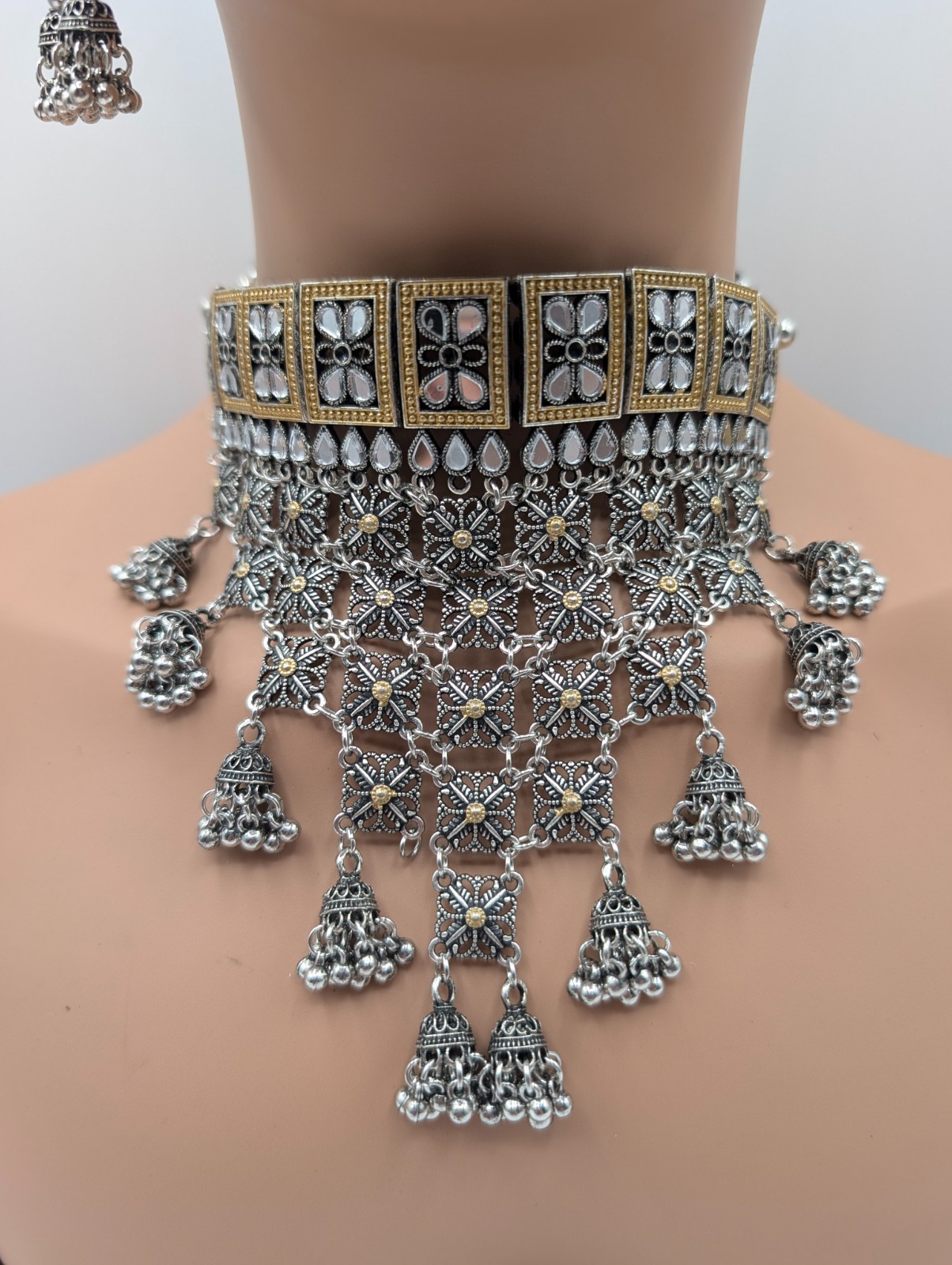 See Noor Dual Tone Fusion Style Necklace Set with Jhumka Bells