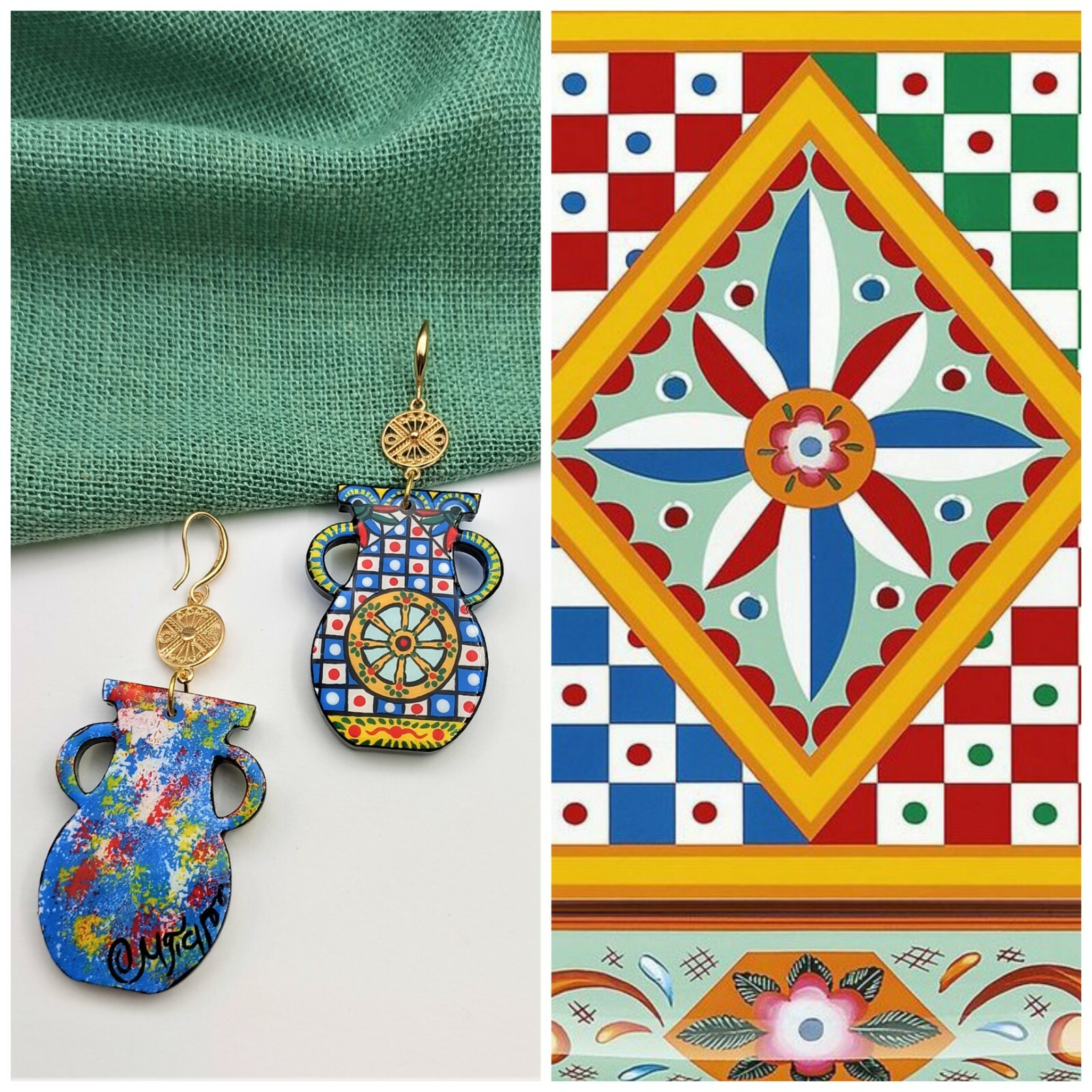 Painted Pottery Vase Wood earrings inspired by Sicilian Folk Caltagirone Art.