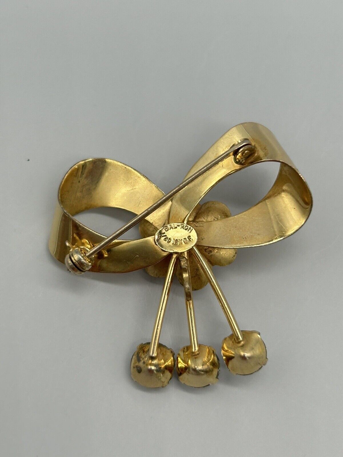 Vintage Signed BAL-RON 12K Gold Plated Crystal Floral Bow Brooch Pin