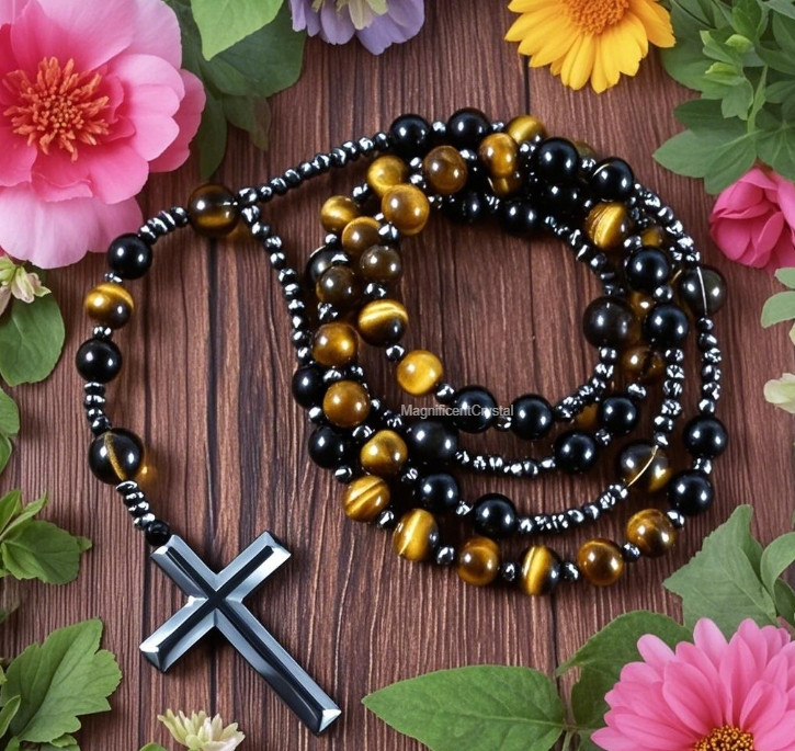 Black Tiger Eye Hematite Cross Necklace Hand Knotted Beads Lucky Pendant