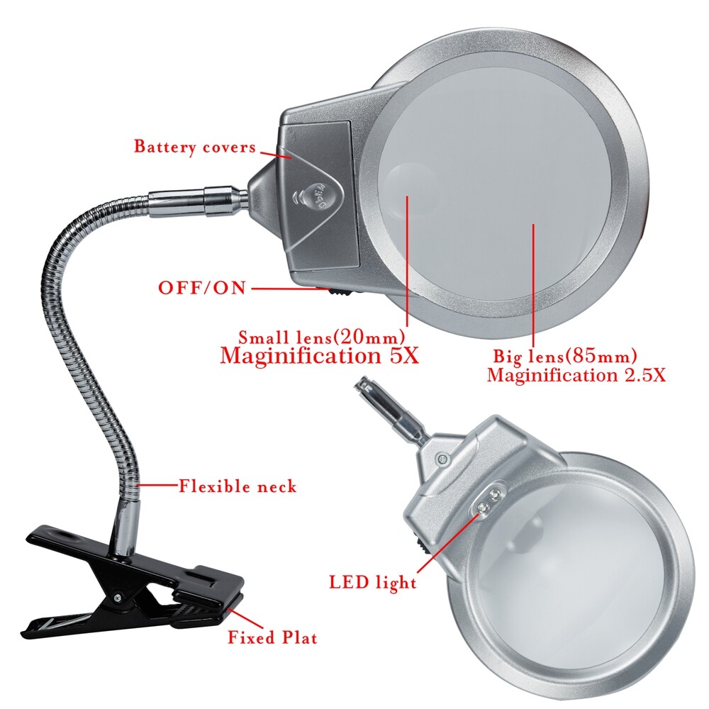 Magnifying Glass LED Light Hands Free Desk Lamp with Clamp Reading Close Work