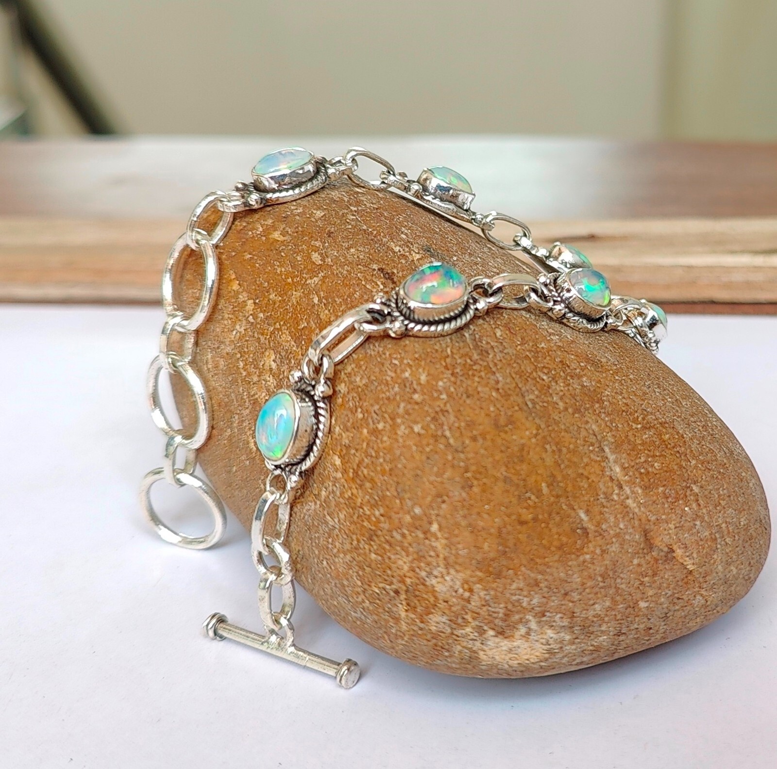 Opal Rainbow Gemstone Bracelet 925 Sterling Silver Beautiful Adjustable PG317