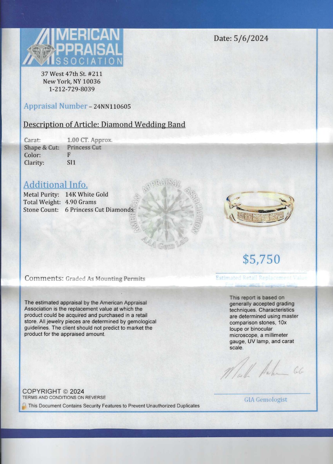14K White Gold Diamond Wedding Band Diamond=1.00 Carats F-SI1 Value=$5,750
