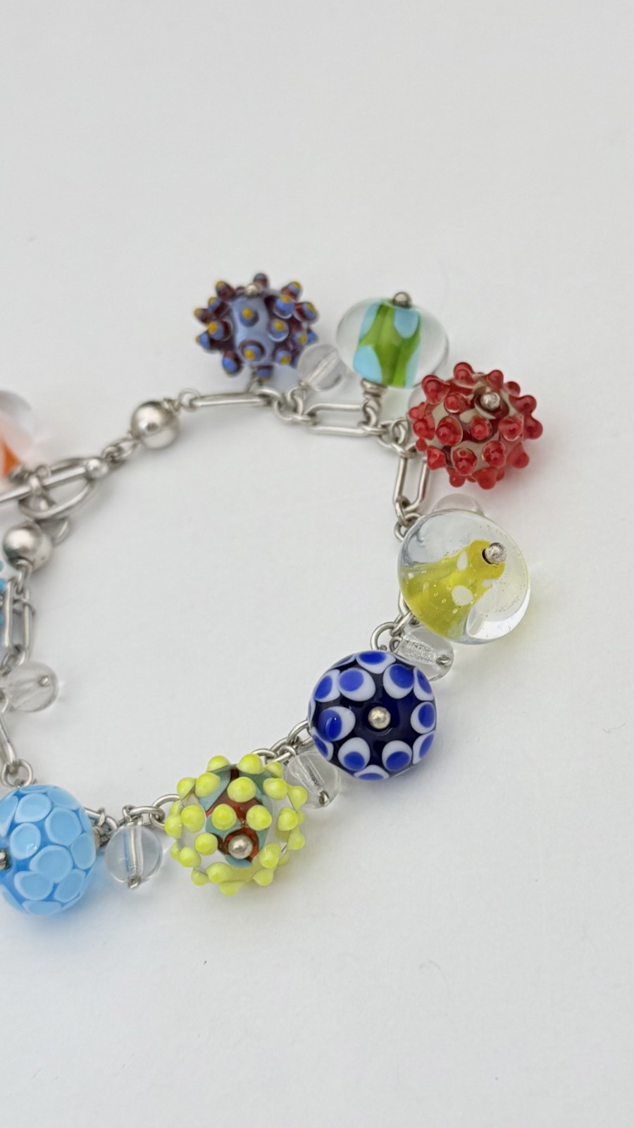 Sterling Silver Lampwork Glass Charm Bracelet 7.5” 35.4g Murano Style