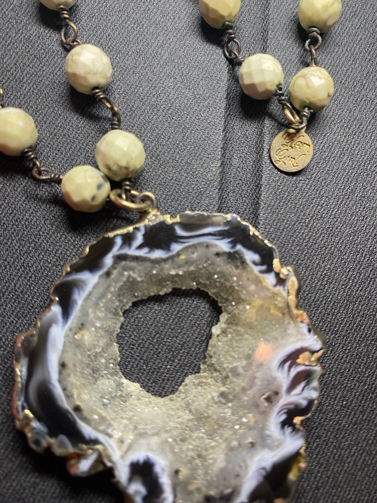 Glam Girl Gems Off White Beaded Unknown Stone With Druzy Crystals Necklace 34″
