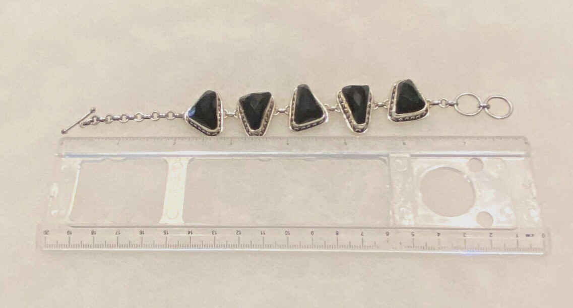 Silver Faceted Onyx Triangular Link Adjustable Bracelet 8 In. Long – 40.0 Grams