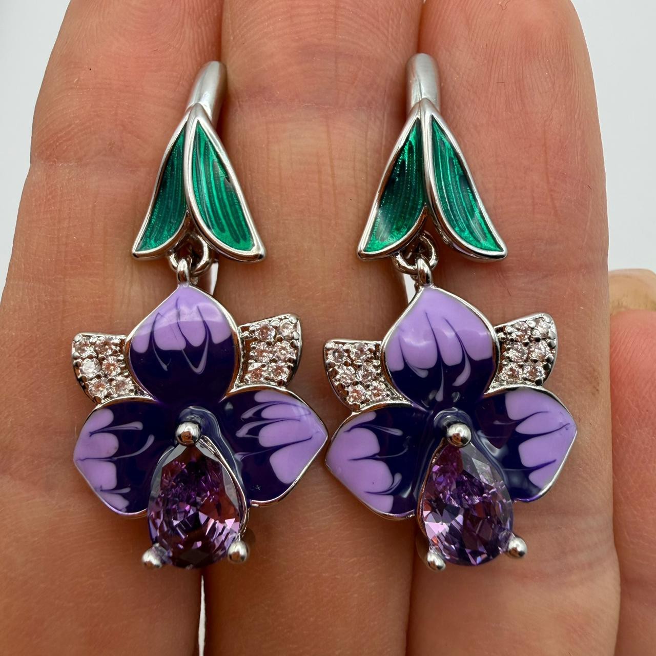 925 Sterling Silver Purple Flower Crystal Dangle Drop Earrings Women Jewelry