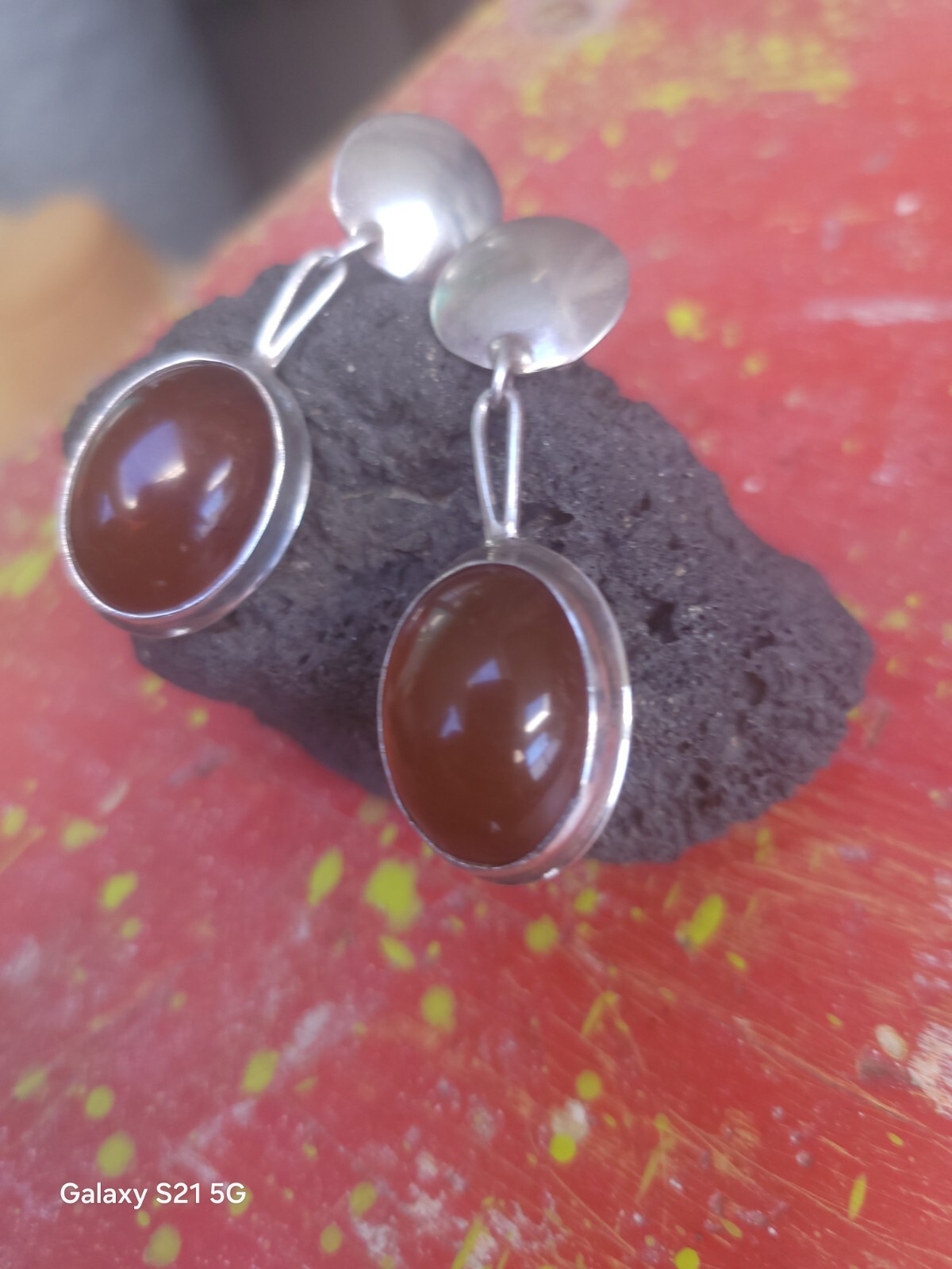 Susan Cummings 2″ Pierced Earrings Modern Silver & Amber McClure’s Nashville Tn