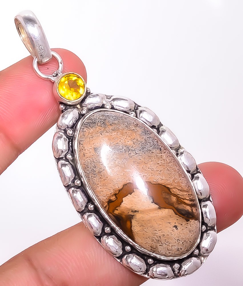 Picture Jasper – Oregon & Citrine 925 Silver Plated Pendant 2.73″ TP7785-349