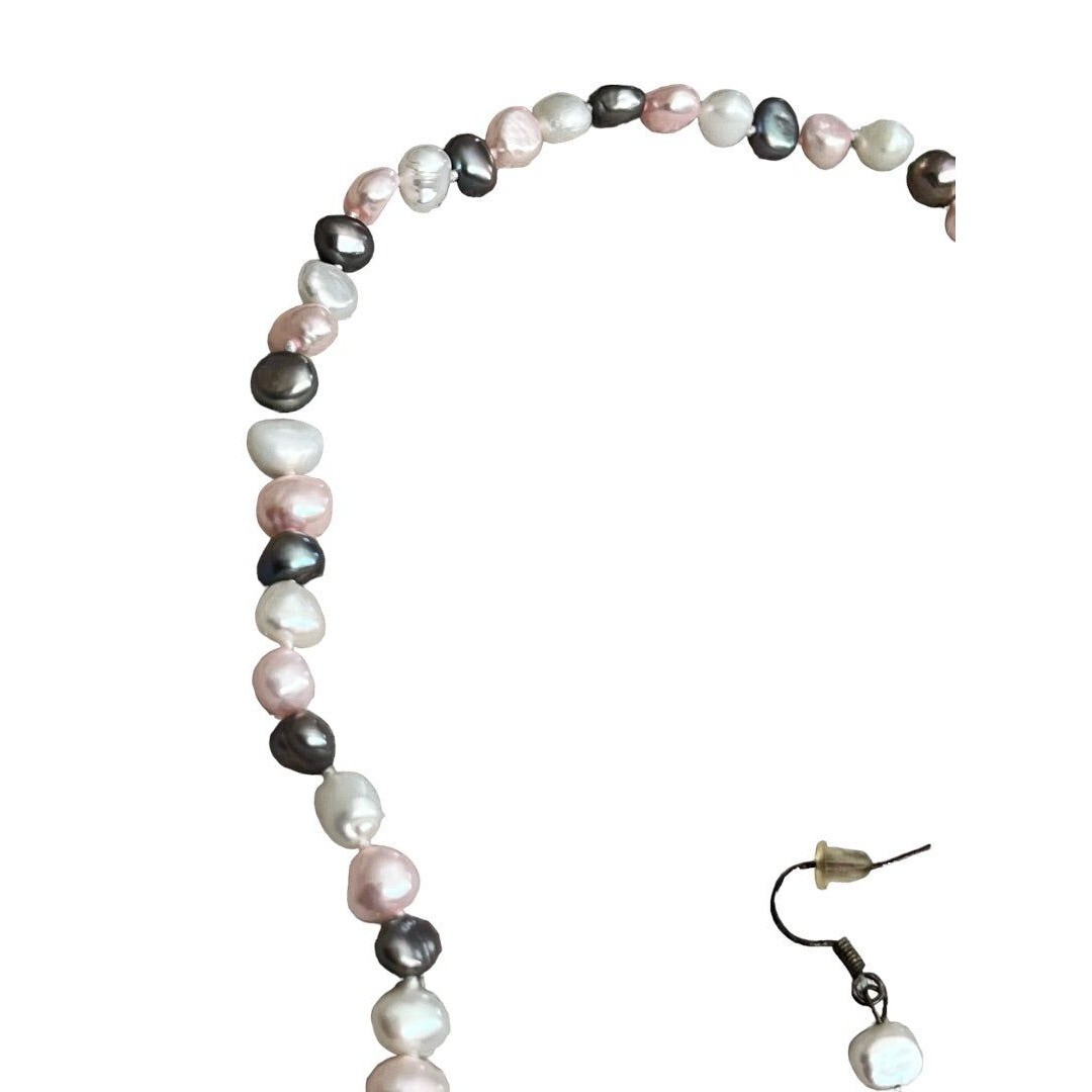 Freshwater Multicolor Pearl Necklace and Earrings Set Pink Gray White Dangle Ear