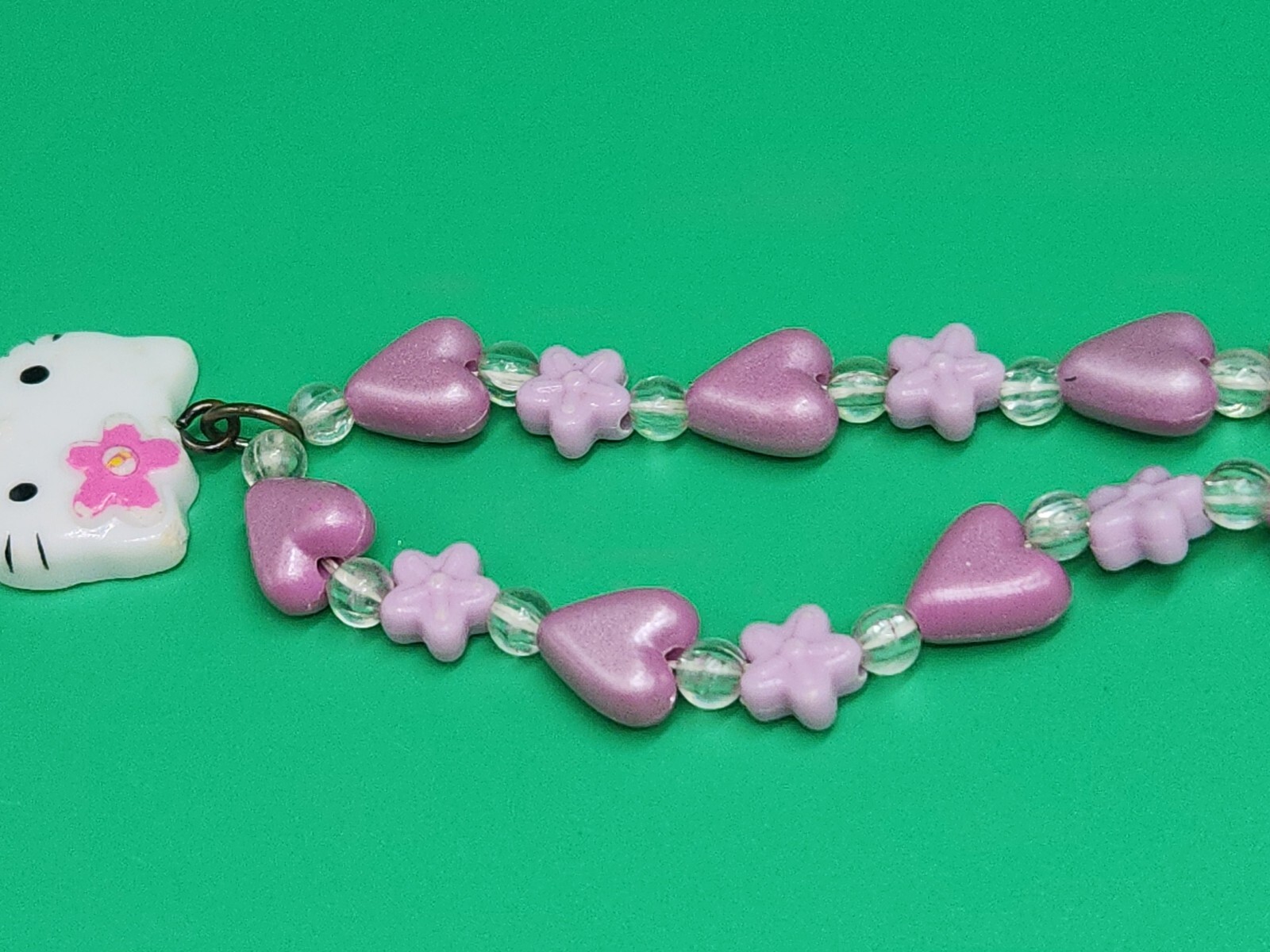 SANRIO Hello Kitty Necklace Bead Plastic Metal Pink Heart Flower Vintage Charm