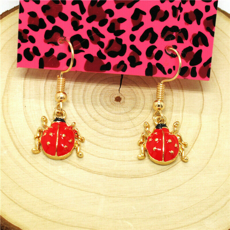 Pretty New Yellow Gold Plated Red & Black Enamel Lady Bug Hook Dangle Earrings