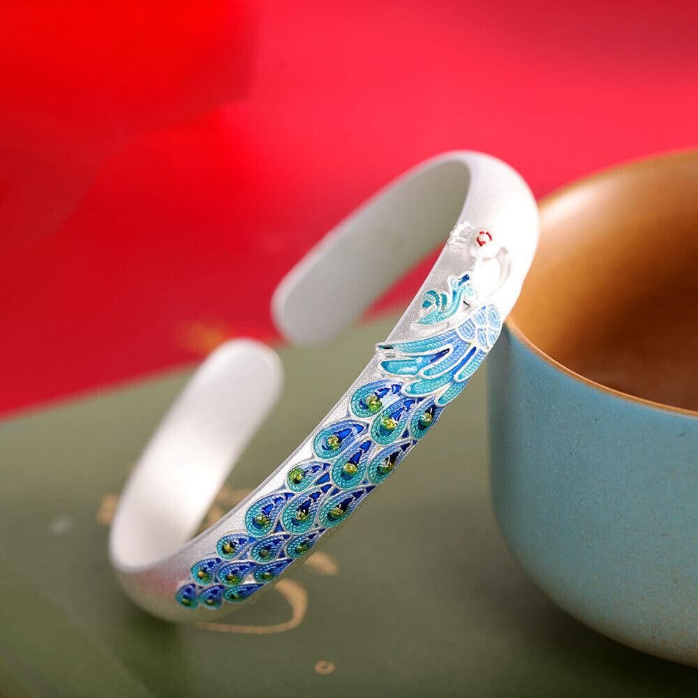 Pure S999 Fine Silver Women Cuff Banlge Peacock Open Bracelet 2.28inch W