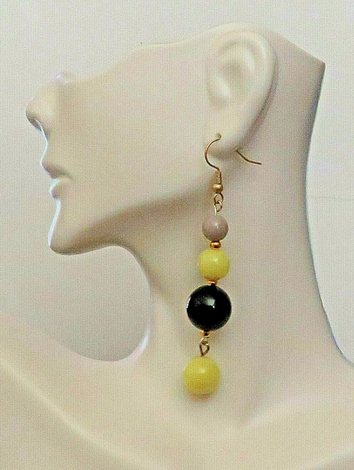 Yellow Black Gray Beaded Drop Yellow Accent Bead Drop 2″ Dangle Hook Earrings