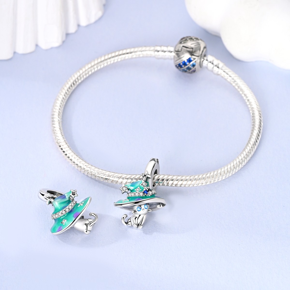 MULA 925 Sterling Silver Charm Luminous Magic Hat Cat Pendant for Women Bracelet