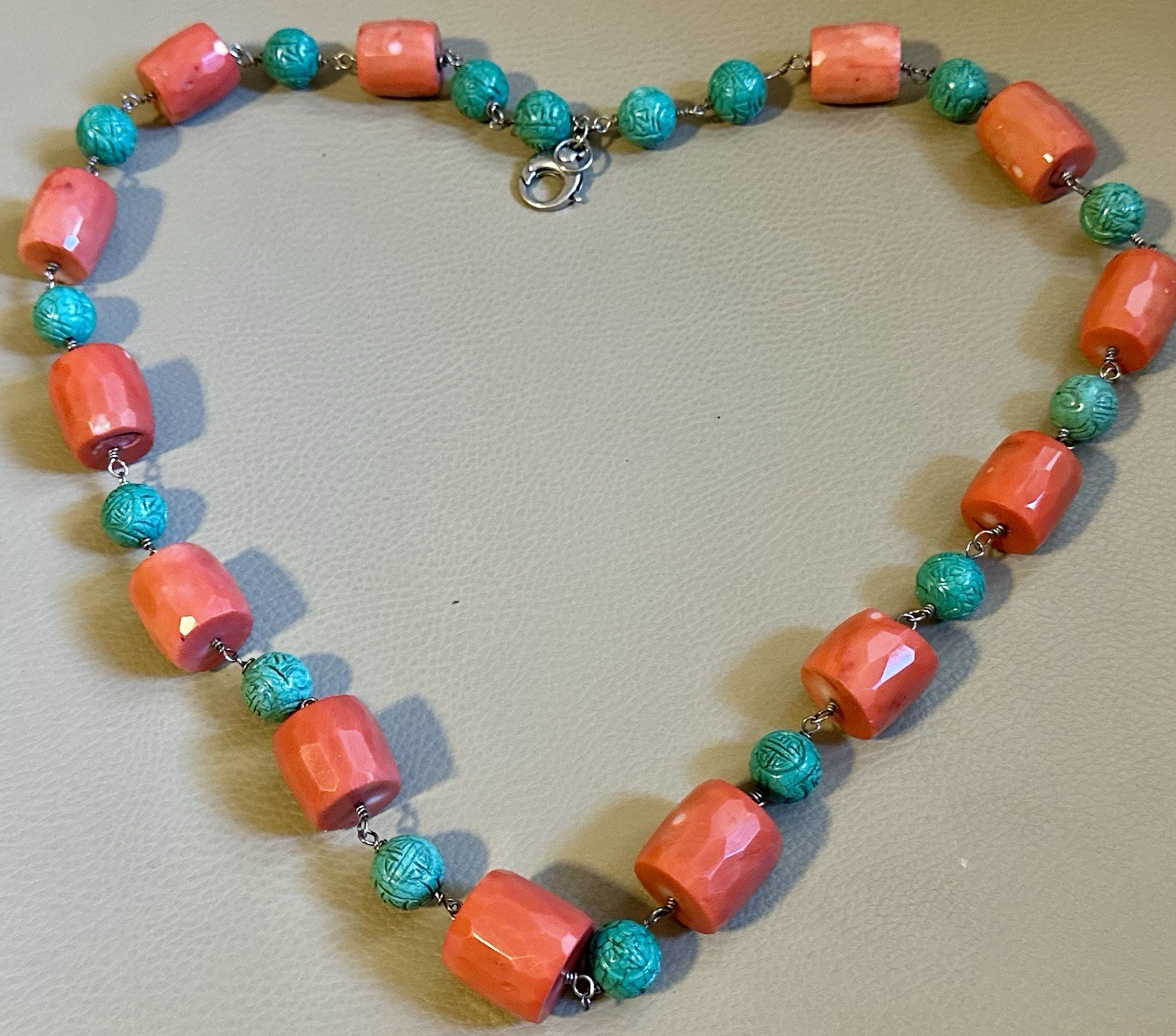 PINK CORAL NECKLACE MATCHING FACETED BEADS-TURQUOISE-SILVER 925-80 CM