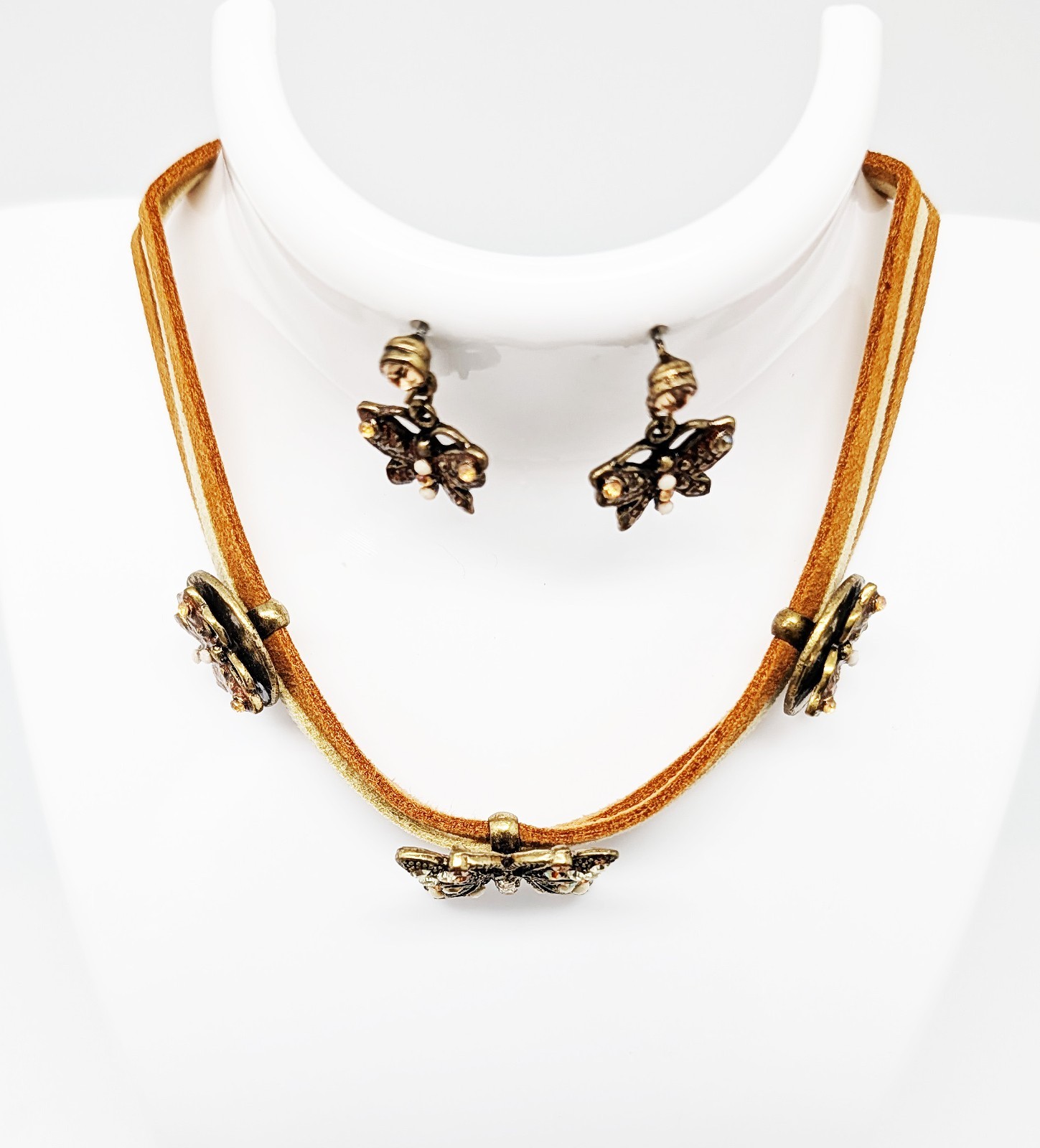 DESIGNER INSPIRED BROWN TAN CRYSTAL BUTTERFLY SLIDER CHARM CHOKER JEWELRY SET