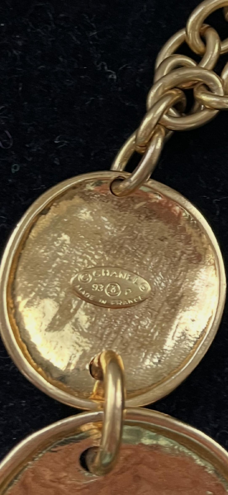 CHANEL 93P Signed Vintage Gold Logo Double Disk Necklace Made in France