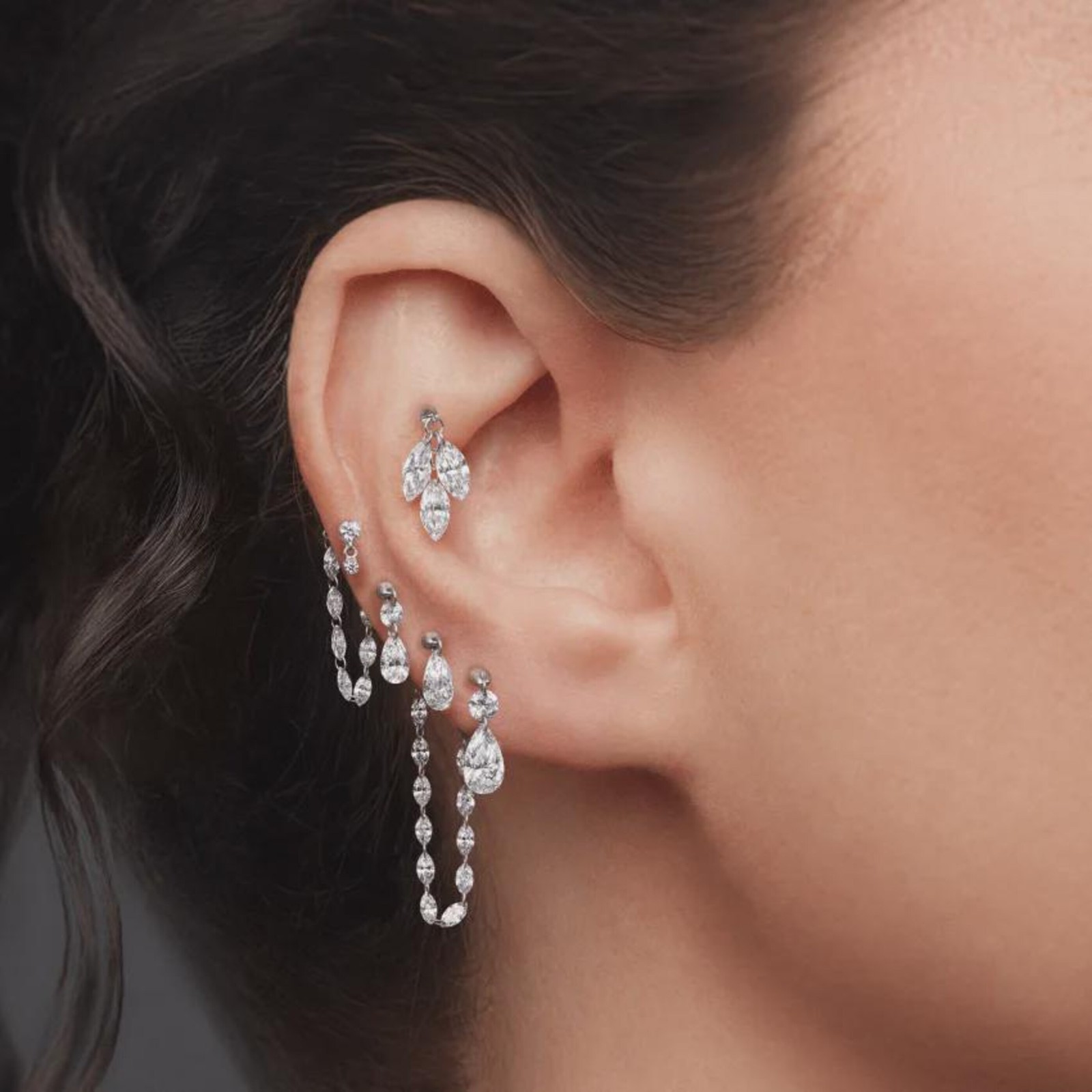 Marquise Trio Moissanite Drop Stud Helix 925 Sterling Silver