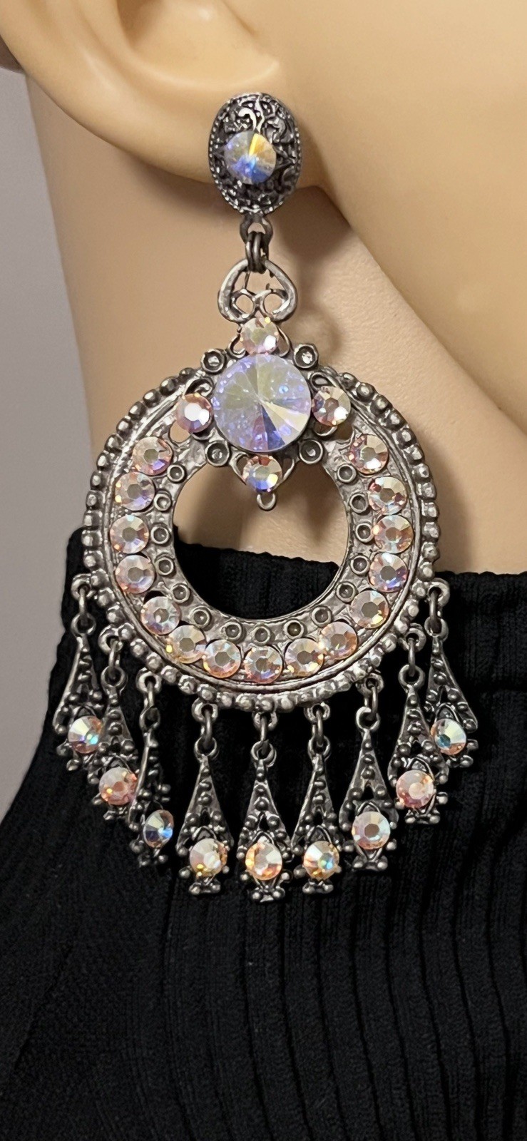 Elo7 Antique Silver Iridescent Rhinestone Tassel Dangling Chandelier Earrings