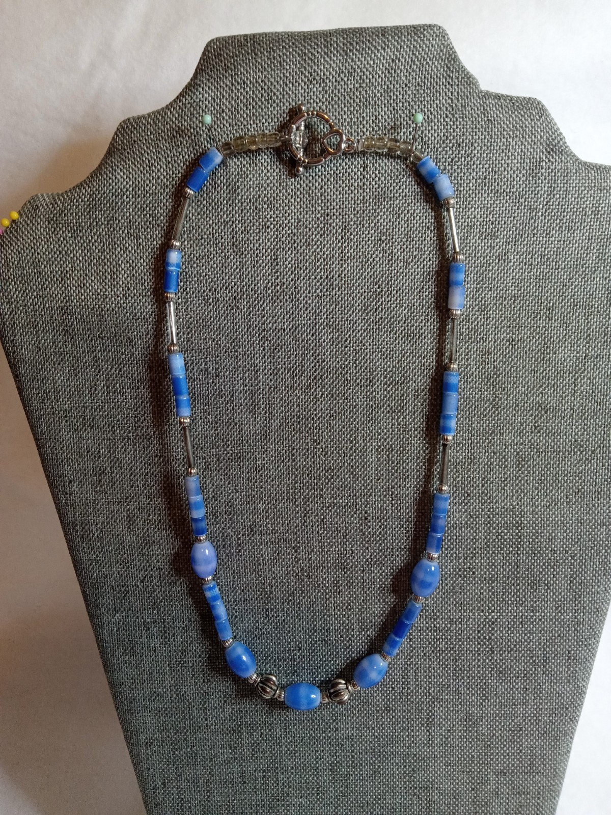 Lapis Lazuli Blue Beaded Glass Necklace 17″ Long with Silver Spacer Beads