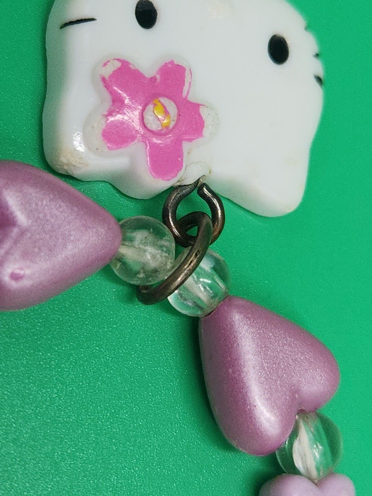 SANRIO Hello Kitty Necklace Bead Plastic Metal Pink Heart Flower Vintage Charm