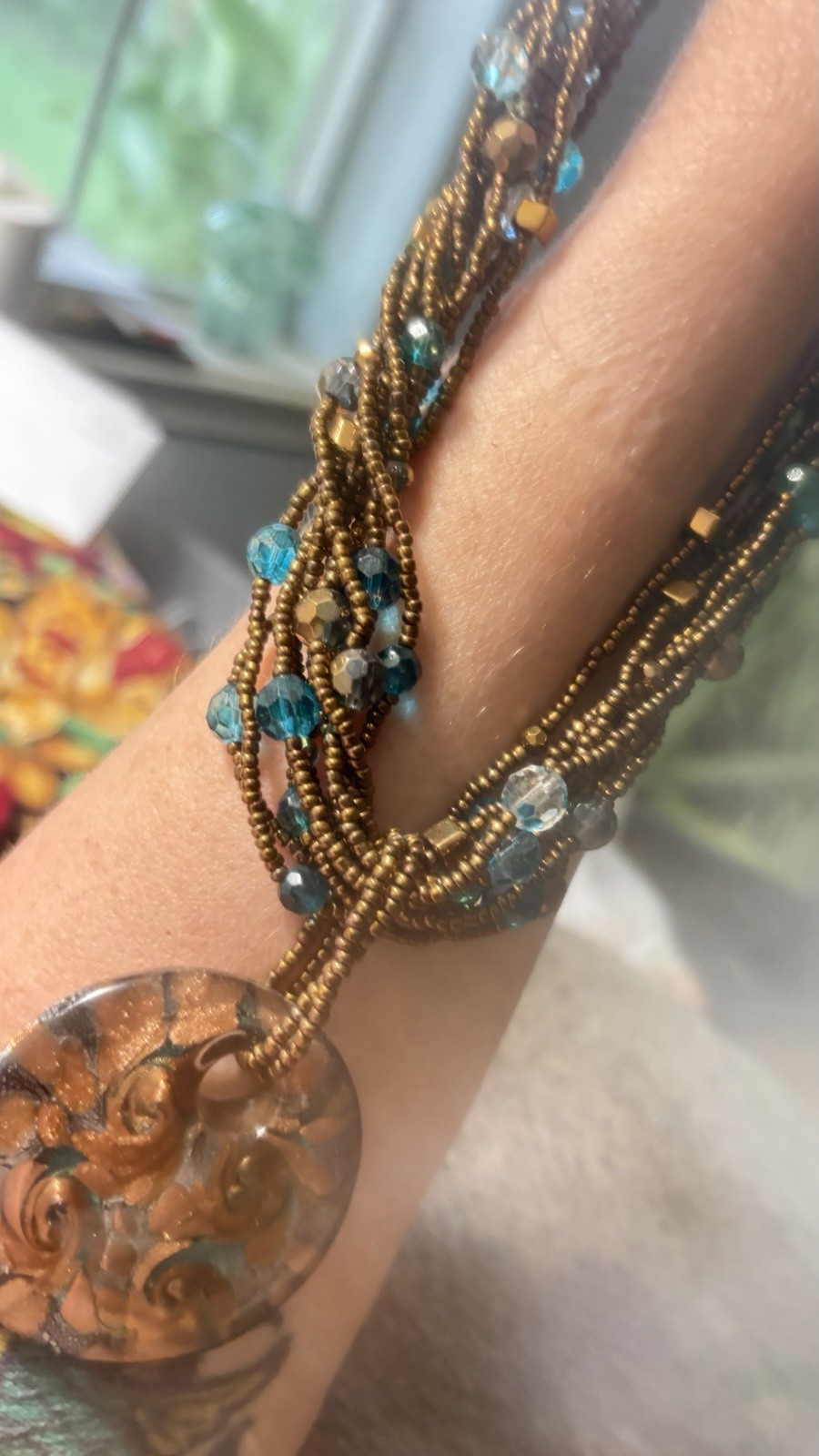 Boho Multi-Strand Bronze Beaded Necklace Swirl Glass Pendant Teal Accents