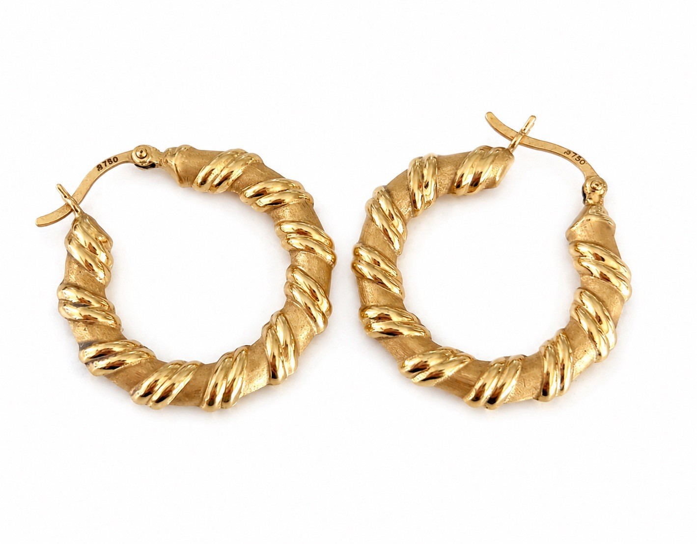 18K Gold Bamboo Style Twisted Hoop, Yellow Gold Hollow Ribbon Hoop Earrings