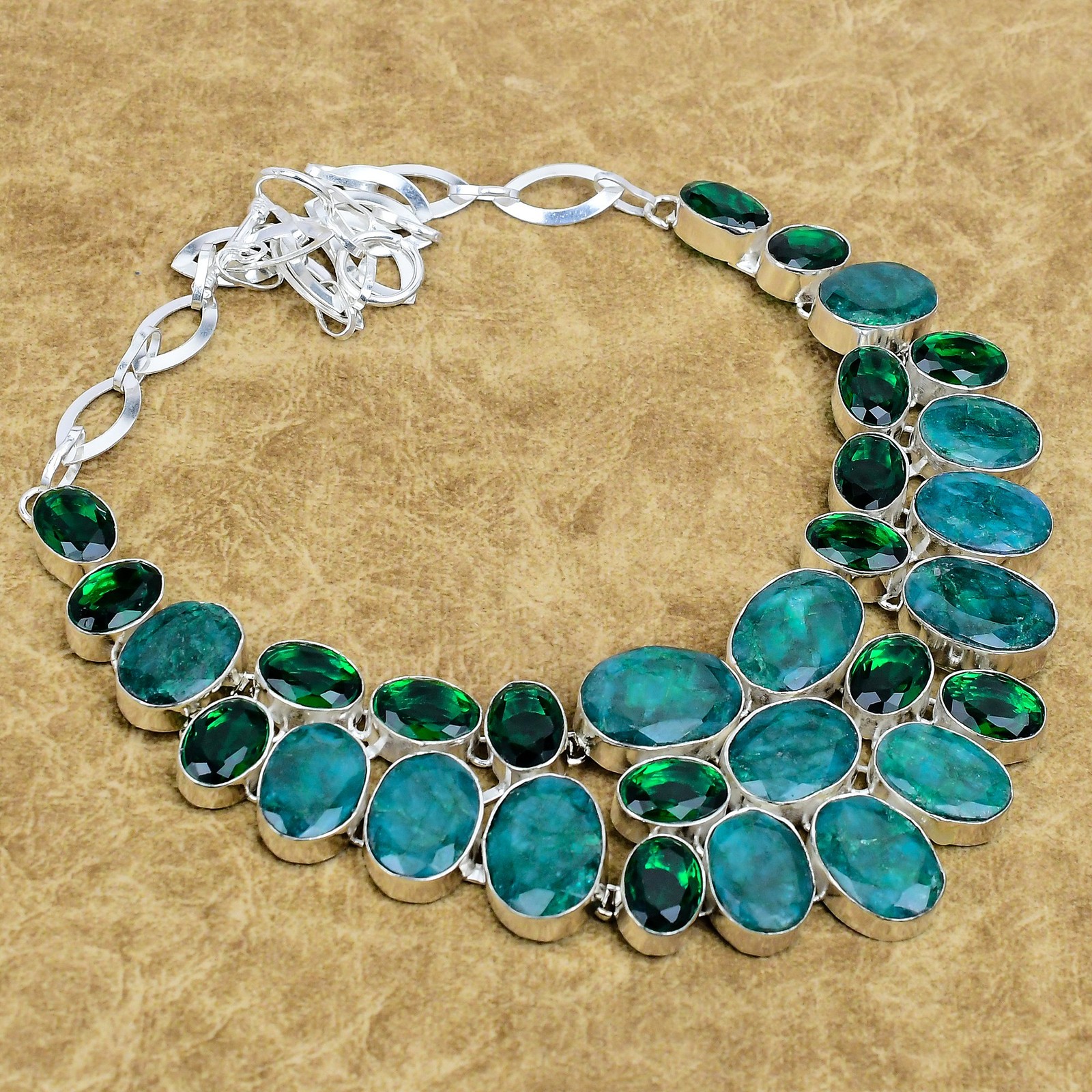 Natural Zambian Emrald, Diopside Gemstone Necklace 925 Sterling Silver Jewelry