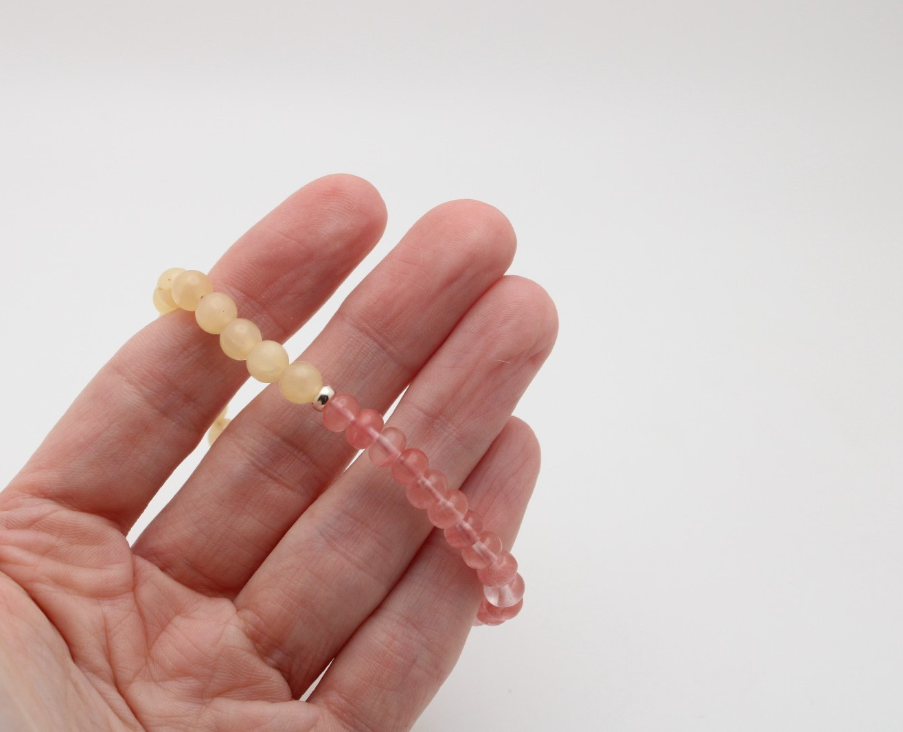 925 Sterling Silver Cherry Quartz Lemon Jade 6.25mm Stone Bracelet 7.25 In