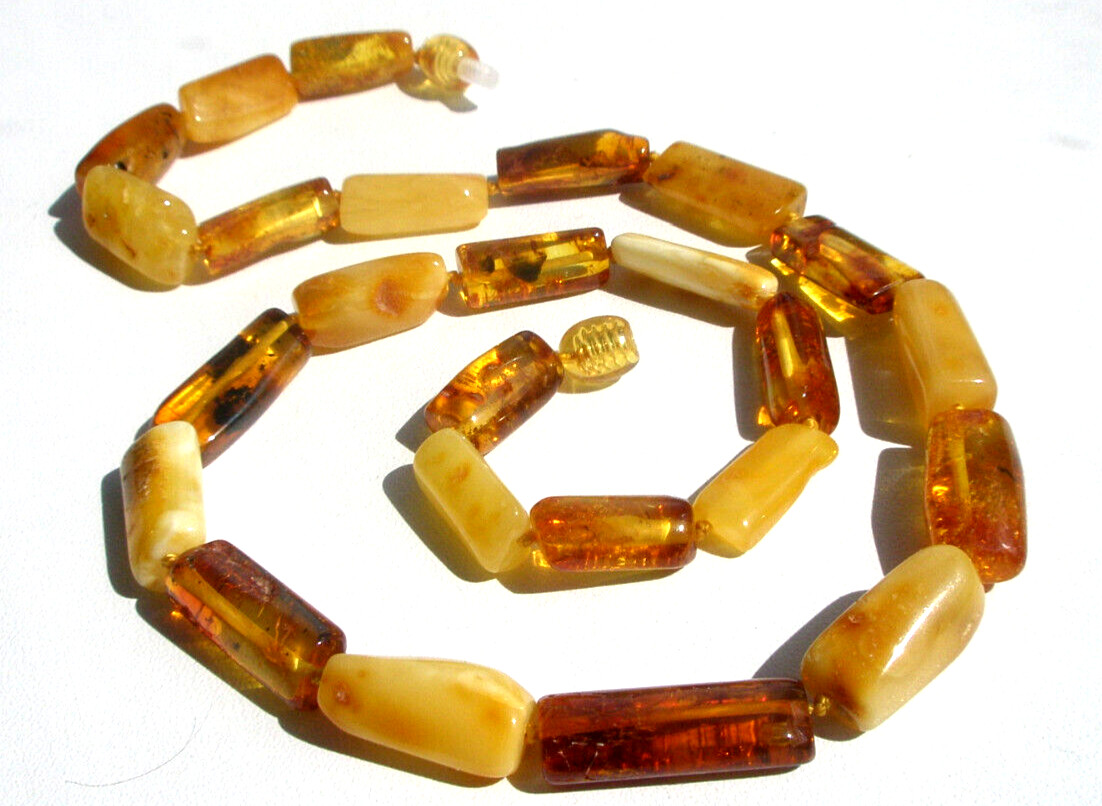 Real Baltic Amber Necklace Elongated Beads Egg Yolk Cognac 48 cm 19” Polished