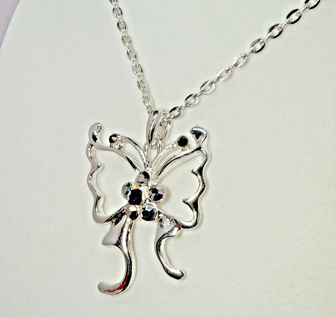 Silver Tone Openwork Ornate Butterfly Pendant Necklace Black Rhinestone Accent