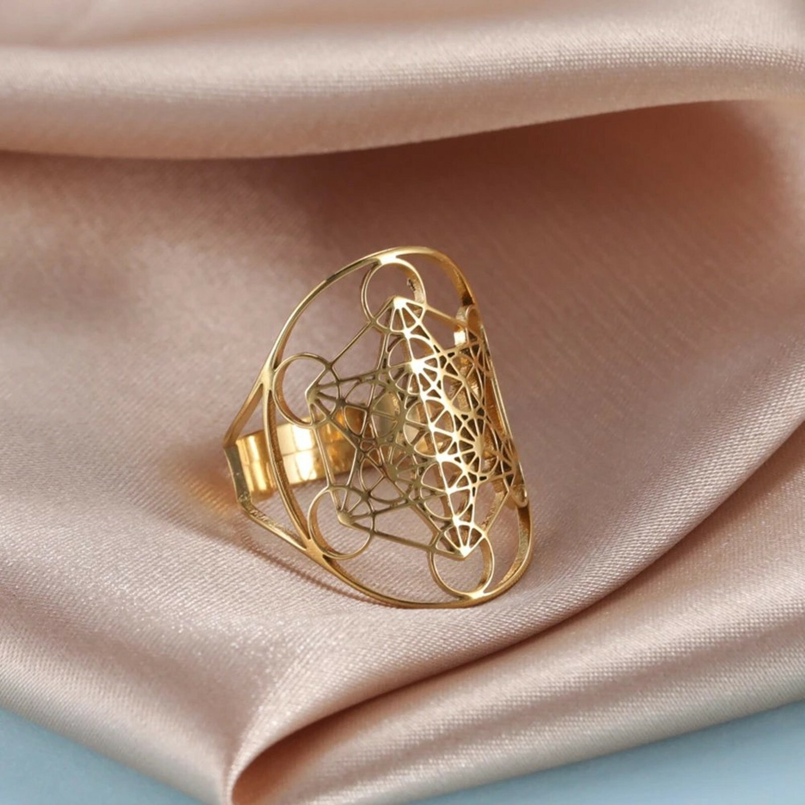 Metatrons Cube Ring Gold Plated Stainless Steel Spiritual Sacred Geometry Band