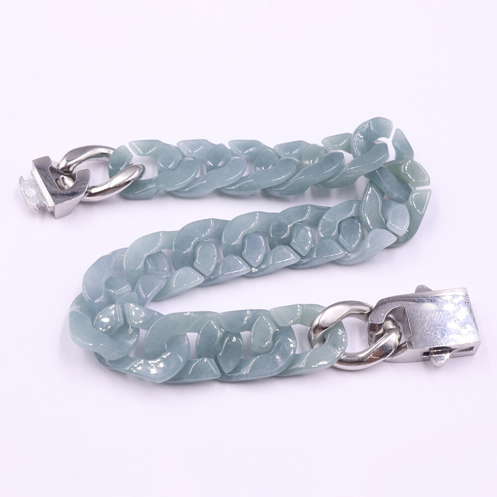 Real Grade A Natural Blue Jade Bracelet Jadeite Cuban Curb Link Chain 5.9-9.4in