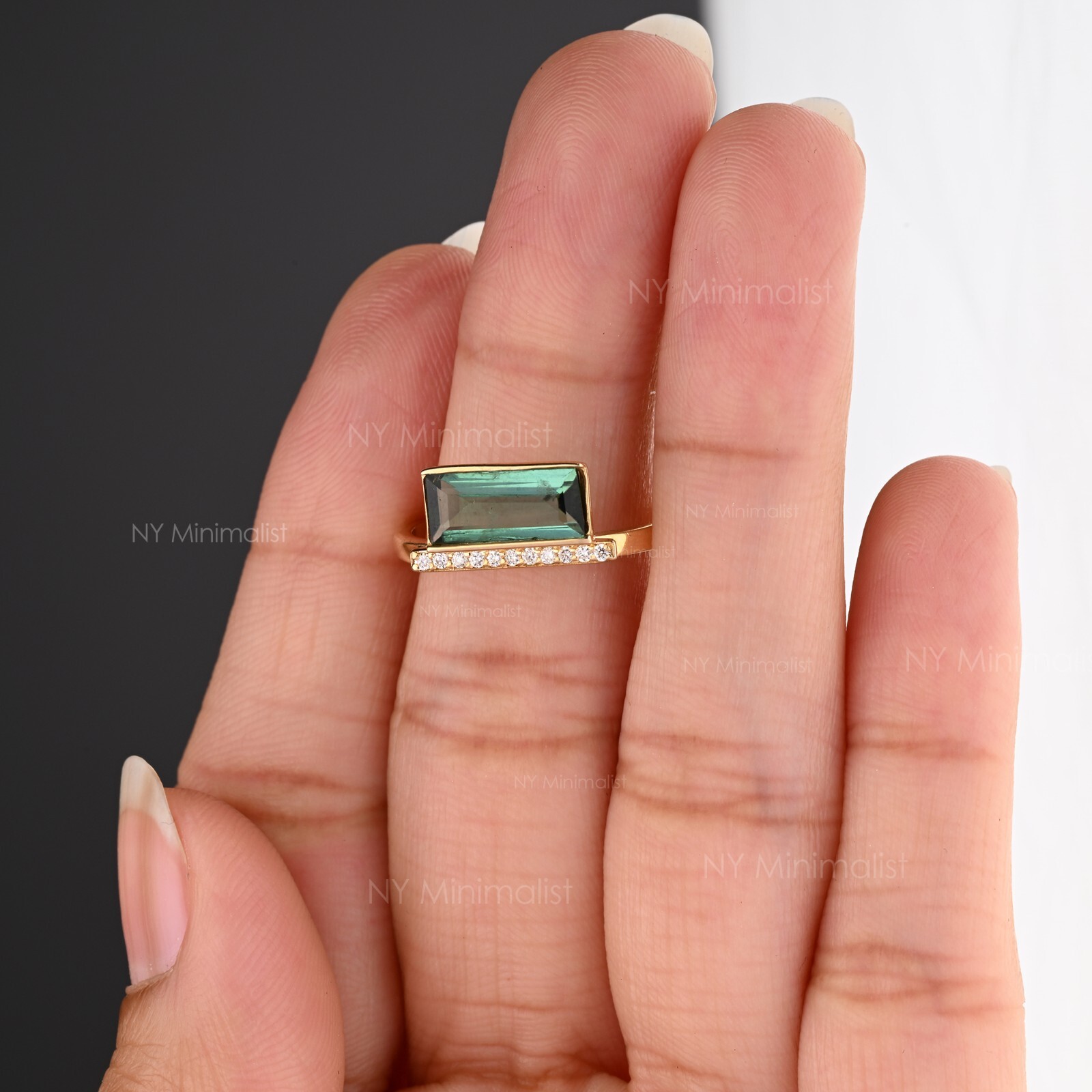 Horizontal Baguette Green Tourmaline and Pave Diamond Bar Ring In 14K Solid Gold